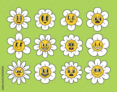 Nostalgic And Charming Daisy Emoticons, Retro Cartoon Daisies With Expressive Emotions. Happy, Sad, Bored and Grumpy