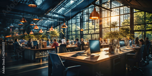 Long exposure banner of busy crowded modern office building with business people