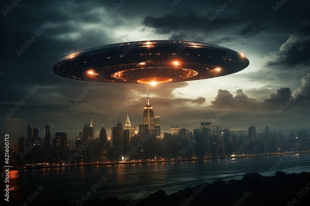 Alien invasion, flying saucer in the sky above city, concept of evidence and sighting UFO
