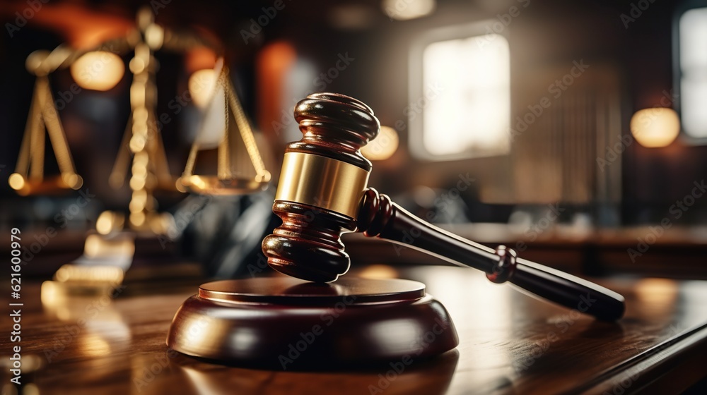 Close-up of gavel on judge desk, symbolizing court trial, justice and legal decisions in courtroom Close-up of gavel on judge desk, symbolizing court trial, justice and legal decisions in courtroom