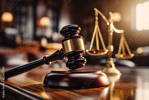 Billede på lærred Close-up of gavel on judge desk, symbolizing court trial, justice and legal deci
