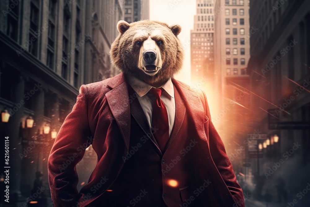 Angry bear in suit with red tie on Wall Street, concept of falling stock market Angry bear in suit with red tie on Wall Street, concept of falling stock market