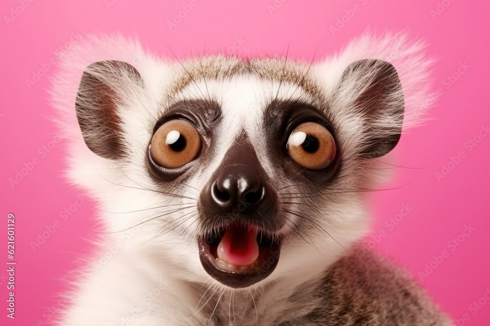 Studio portrait of shocked lemur, isolated on pink