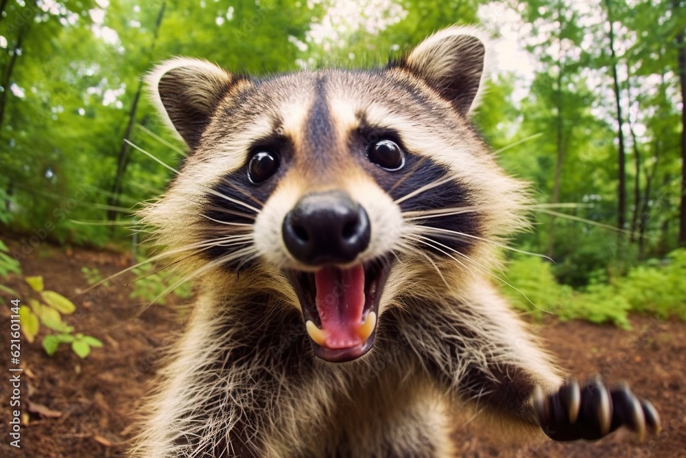 Fototapeta premium Portrait of shocked raccoon, fisheye effect
