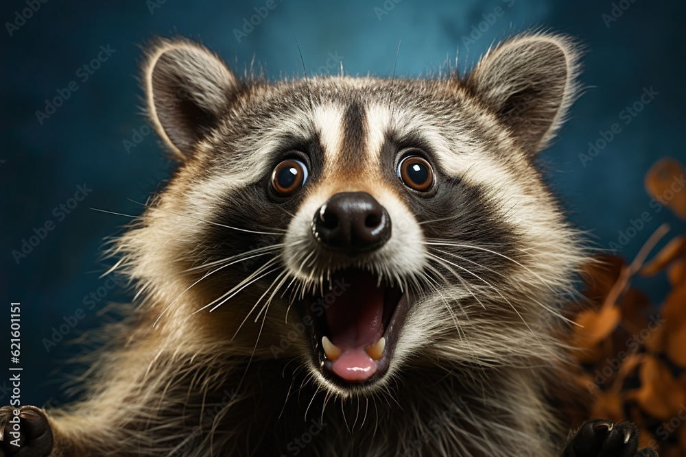 Portrait of shocked raccoon, fisheye effect Portrait of shocked raccoon, fisheye effect