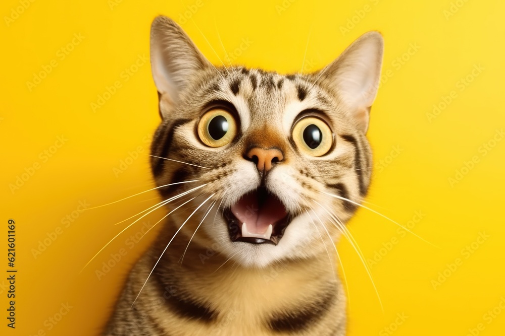 Studio portrait of shocked cat, isolated on yellow