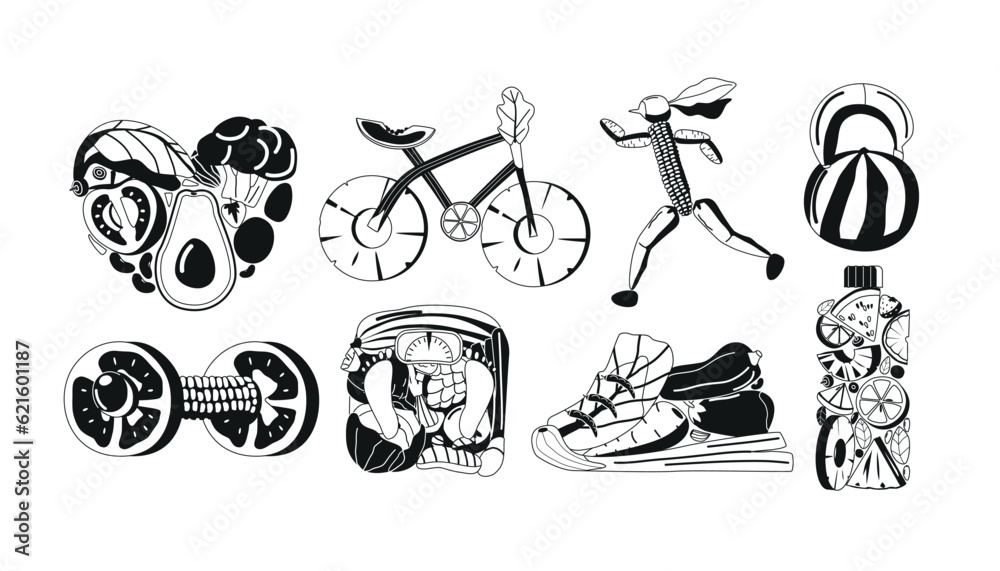 Monochrome Fruits And Vegetables In Shape Of Shoe, Heart, Bicycle, Running Sportsman, Dumbbell, Scales and Water Bottle