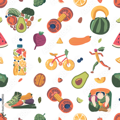 Seamless Pattern with Fruits And Vegetables In Shape Of Shoe, Heart, Bicycle, Running Sportsman, Dumbbell, Scales