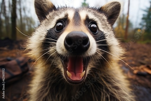 Fényképezés Portrait of shocked raccoon, fisheye effect
