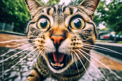 Portrait of shocked cat on the street