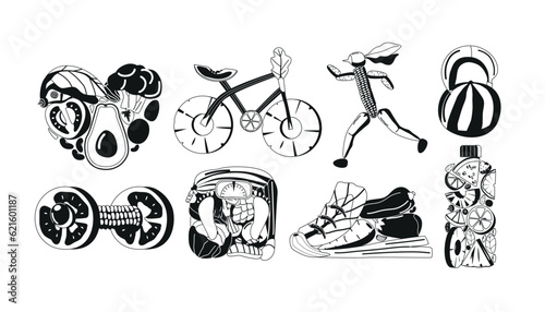 Monochrome Fruits And Vegetables In Shape Of Shoe, Heart, Bicycle, Running Sportsman, Dumbbell, Scales and Water Bottle © Pavlo Syvak