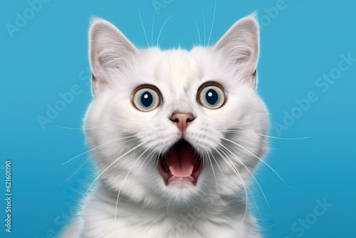 Studio portrait of shocked cat, isolated on blue