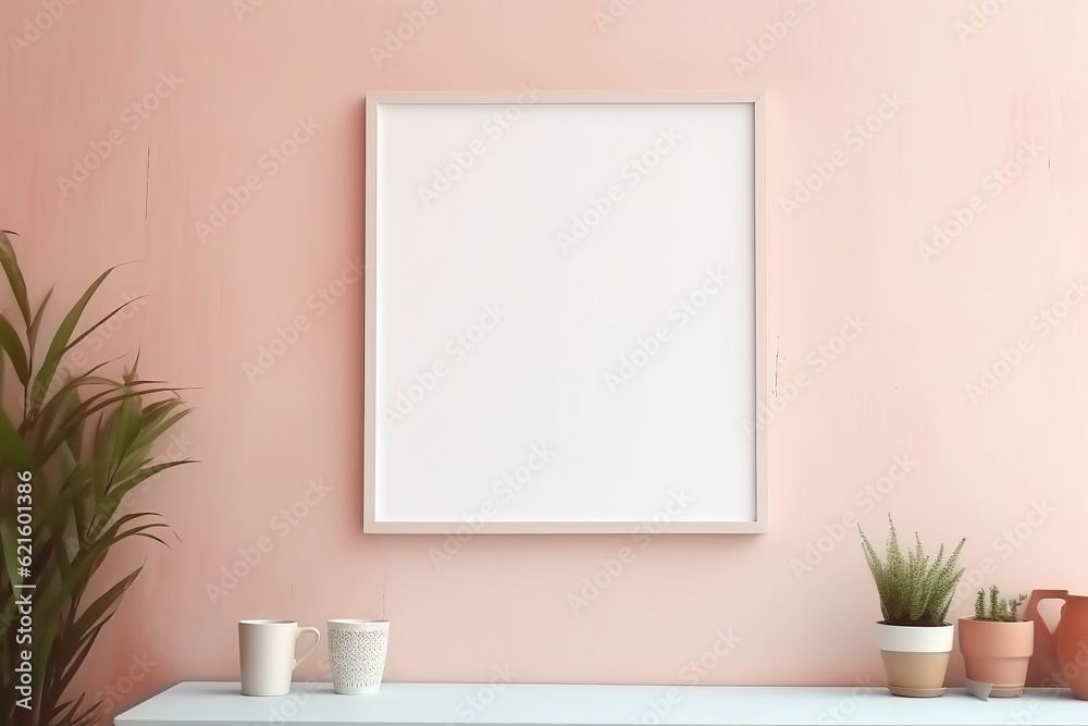 Home interior poster mock up with vertical wooden frame and plant on light pink wall background. Modern home decor. Ready to use template