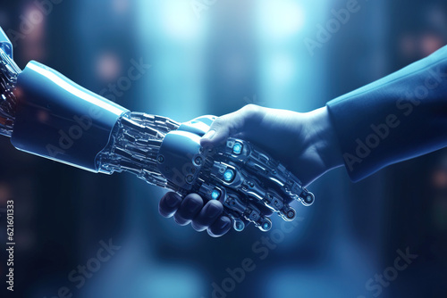 Man shaking hands with robot, showcasing partnership in technology, artificial intelligence and business, handshake with futuristic bionic © iridescentstreet