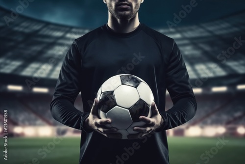 Soccer player holding ball with both hands on field in stadium, ready for world cup kickoff under night sky, team epic momen © iridescentstreet
