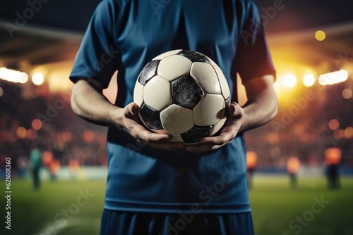 Soccer player holding ball with both hands on field in stadium, ready for world cup kickoff under night sky, team epic momen