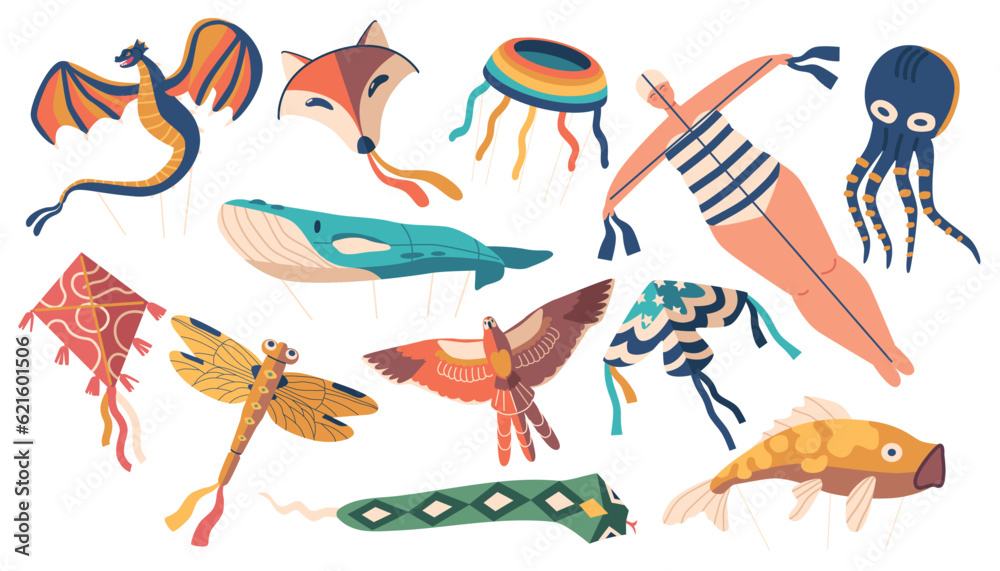 Fototapeta premium Vibrant Set Of Kites, Colorful And Diverse Kites, Perfect For Outdoor Fun And Soaring High In The Sky. Dragon, Jellyfish