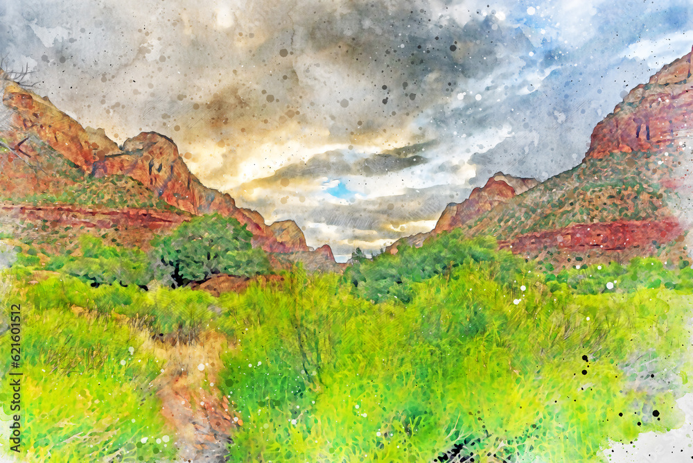 Digitally created watercolor painting of the Zion National Park valley natural beauty