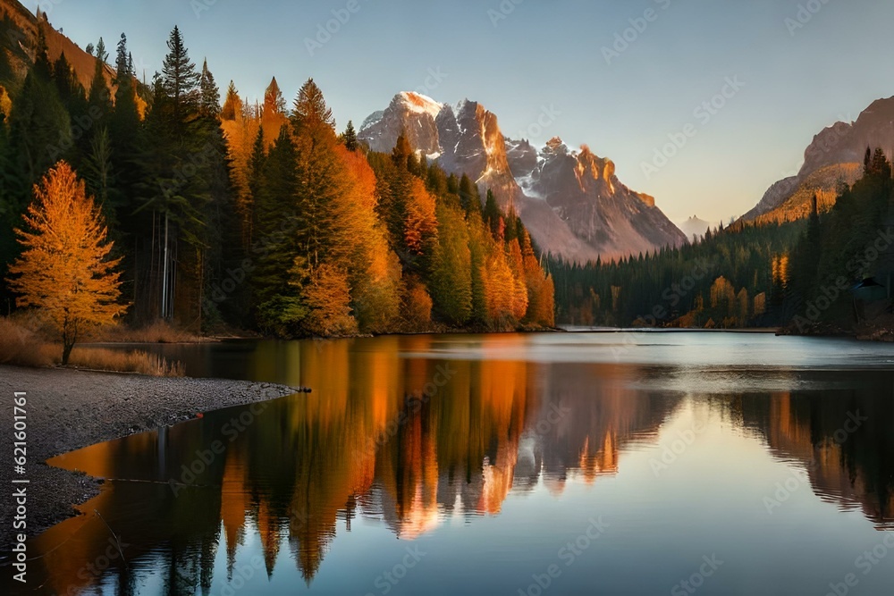lake in autumn generated by AI technology 