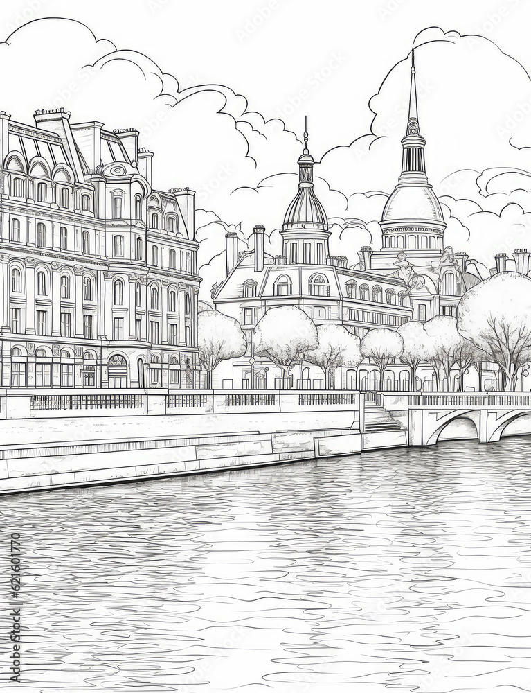 Black and white line art image of Paris landmarks for coloring