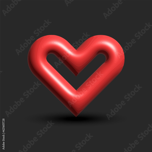 Red heart logo on a dark background 3d installation with realistic shadow. Volumetric abstract heart shape for the Valentines Day logotype or decorative.