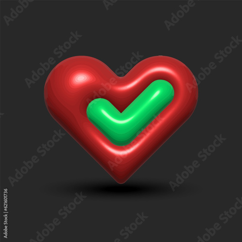 Green check mark and like mark red heart on a dark background 3d installation with realistic shadow. Confirmation tick purpose successful symbol for social network.