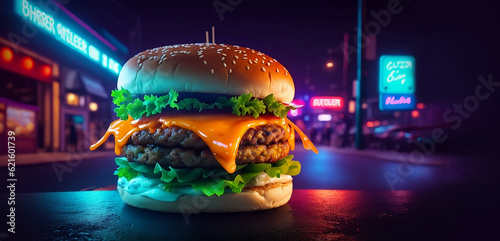 Delicious double beef burger and cheddar cheese on a colorful neon background for the design of a banner, advertising, cover and invitation. Neon hamburger Generative AI