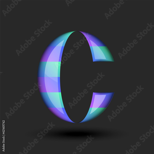 Bold 3d letter C monogram calligraphy logo striped smooth oval shape vibrant gradient purple and green stripes with shadows and reflection, typography creative mark from plastic material design.