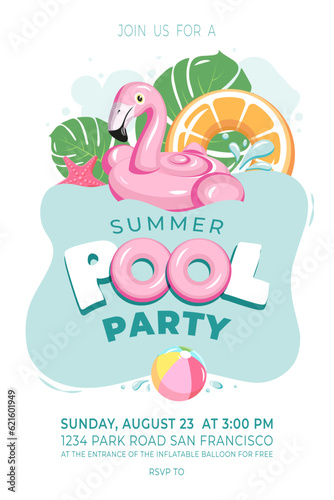 Poster flyer invitation to the pool party to celebrate the holiday. Vector illustration.