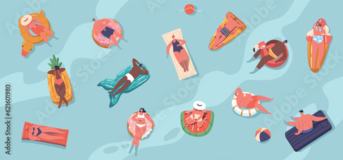 Swimmers Male and Female Characters Float on Inflatable Rings and Mattresses Dot The Surface Of The Sea Top View