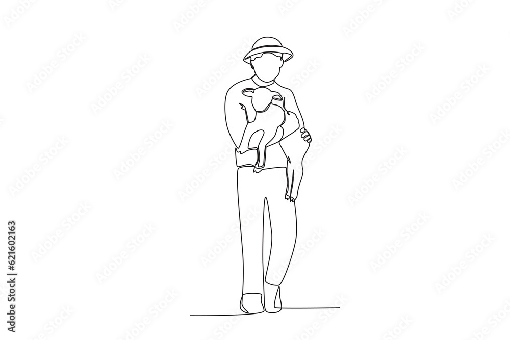 A man holding his goat. Farmer and cattle one-line drawing A man holding his goat. Farmer and cattle one-line drawing