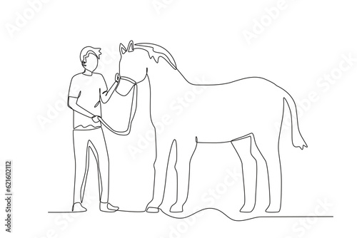 A breeder holding a horse. Farmer and cattle one-line drawing Fototapet
