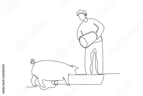 A happy farmer feeds his pigs. Farmer and cattle one-line drawing