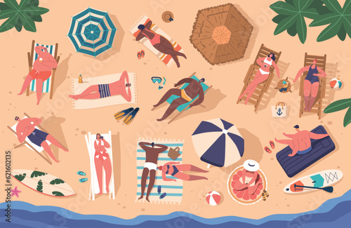 Crowds Of People On A Beach With Umbrellas, Daybeds Seen From Above. Characters Sunbathing, Swimming Vector Illustration