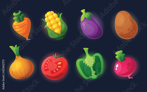 Vegetable Game Icons, Cartoon Carrot, Corn Cob, Eggplant And Potato. Onion, Tomato, Bell Pepper And Beetroot Veggies
