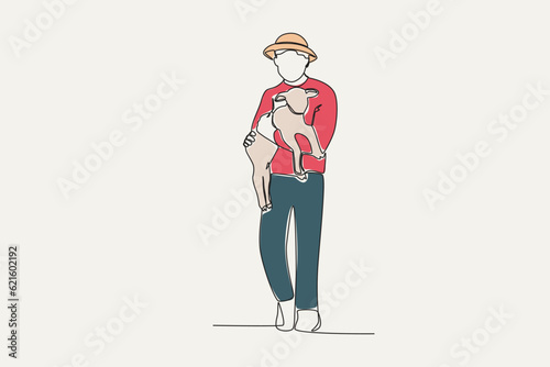 Color illustration of a farmer holding a goat cub. Farmer and cattle one-line drawing