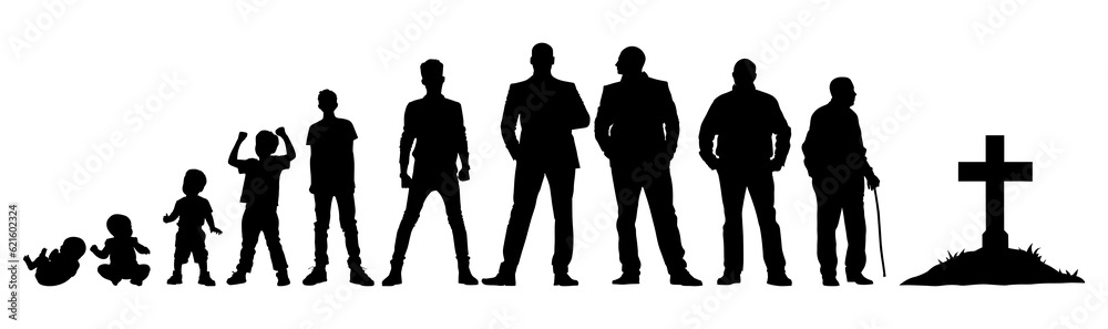 Vector illustration. Silhouette of growing up man from baby to old age. Many people of different ages in a row.