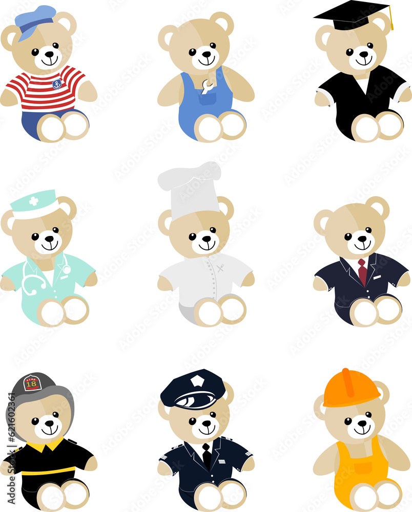 Teddy bears dressed in the typical clothes of different professions, on PNG files