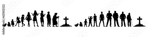 Vector illustration. Silhouette of growing up man from baby to old age. Many people of different ages in a row.