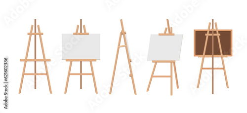 Realistic paint desk with blank white canvas. Wooden easel and a sheet of drawing paper. Vector illustration.