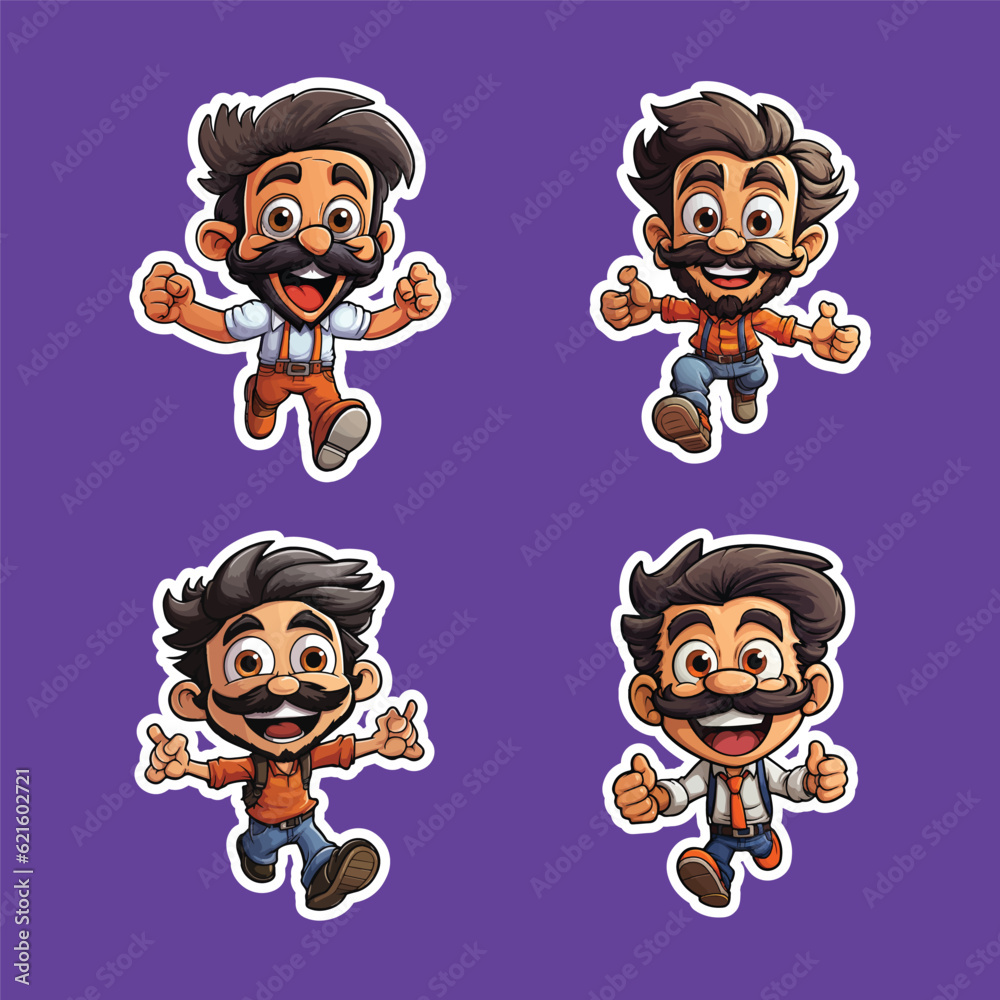 Happy man stickers collection illustration. Happy young man cartoon stickers set. Cute cartoon printable stickers funny illustrations for kids