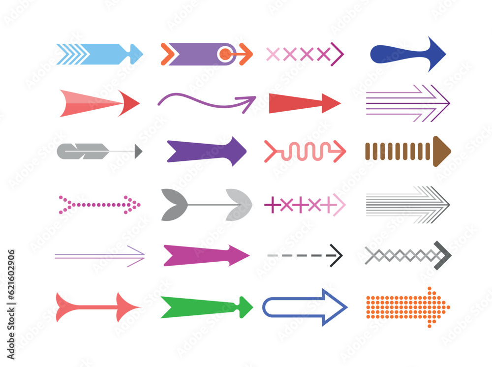 Fototapeta premium Arrows vector icon set. Large bundle of decorative colored design elements isolated on a white background. Each one of the design element created on a separate layer.