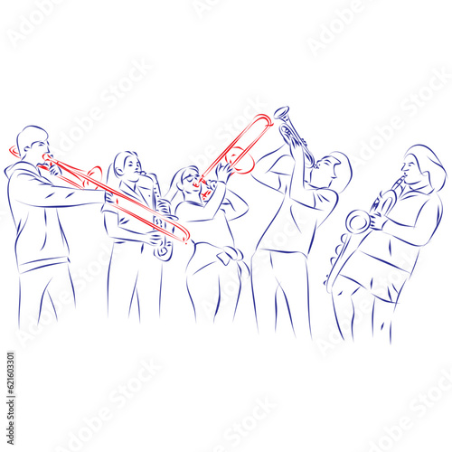 Continuous line drawing of young women and men playing the trombones, trumpet and saxophones in a brass band, isolated on white. Hand drawn, vector illustration