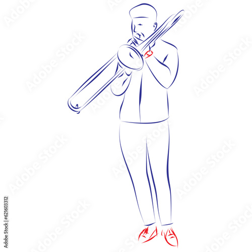 Continuous line drawing of a young man playing the trombone, isolated on white. Hand drawn, vector illustration