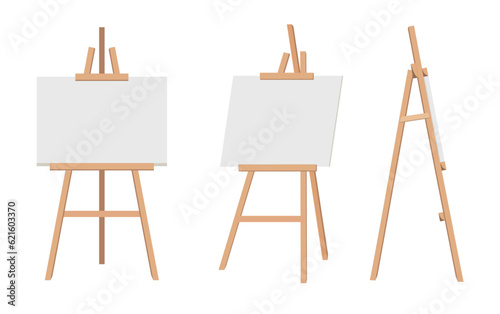 Realistic paint desk with blank white canvas. Wooden easel and a sheet of drawing paper. Vector illustration.