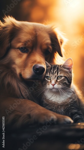 A cat and a dog together. The concept of friendship between different species. Generative AI