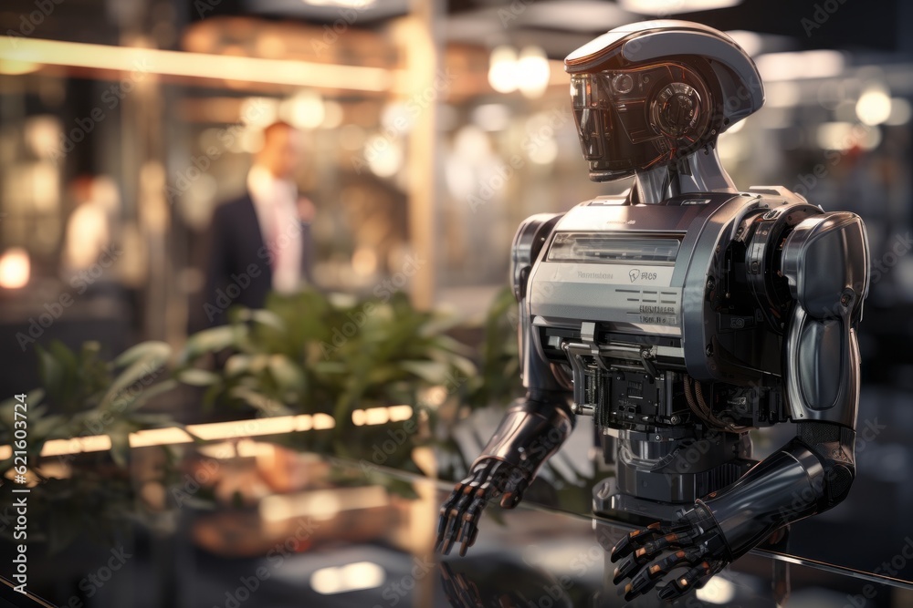 Modern metal robot assistant. The concept of helping a person. Portrait with selective focus