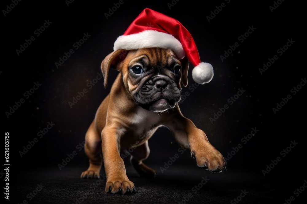 Cute puppy in Santa Claus hat or christmas red cap. Boxer dog. AI generated, human enhanced