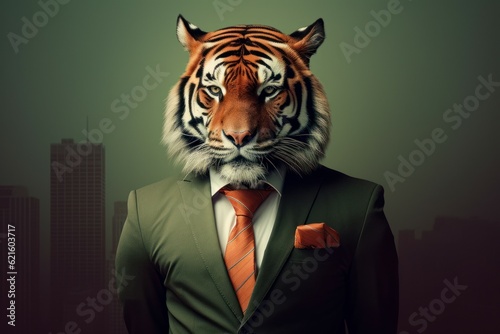 Stampa su tela Anthropomorphic Tiger dressed in a suit like a businessman
