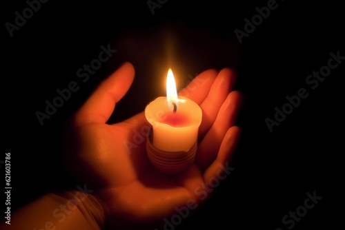 Burning candle in hands with selective focus. Concept symbol. AI generated, human enhanced